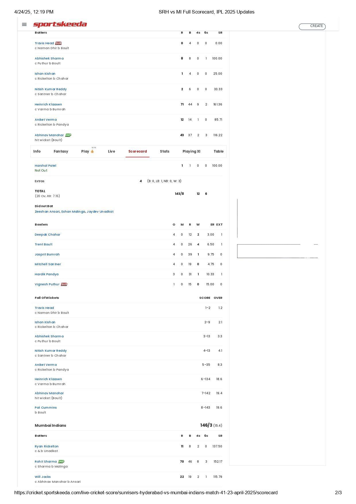 SRH vs MI 2025 scorecard.